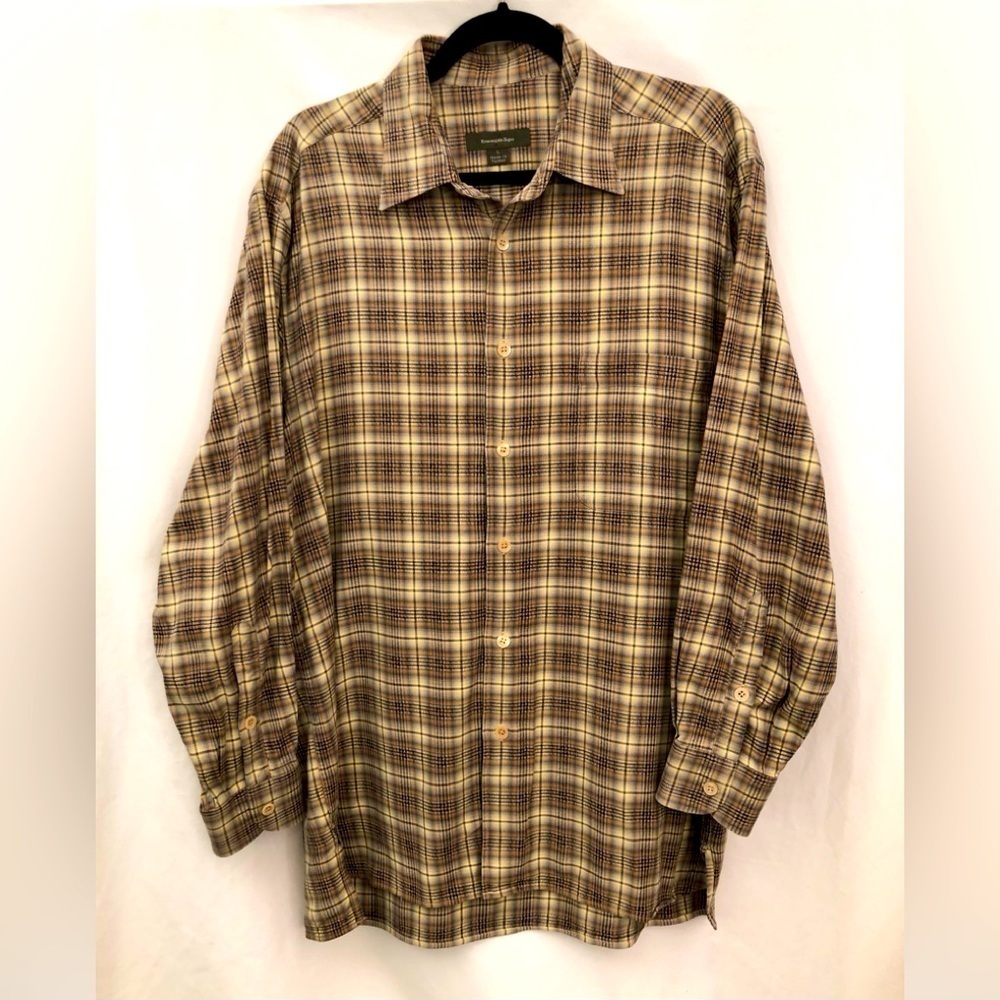 ERMENEGILDO ZEGNA Brown Yellow Plaid Cotton Button Down Shirt Mens Size Large